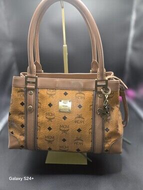 Authentic MCM Visetos Satchel Tote Bag Cognac Brown + Original MCM Logo Charm